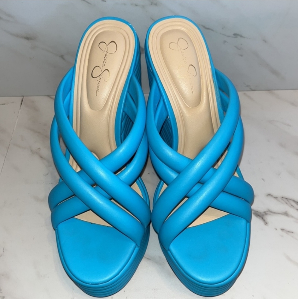 NEW Jessica Simpson Citlali Faux Leather Slip-On Wedge Sandals blue sz 7